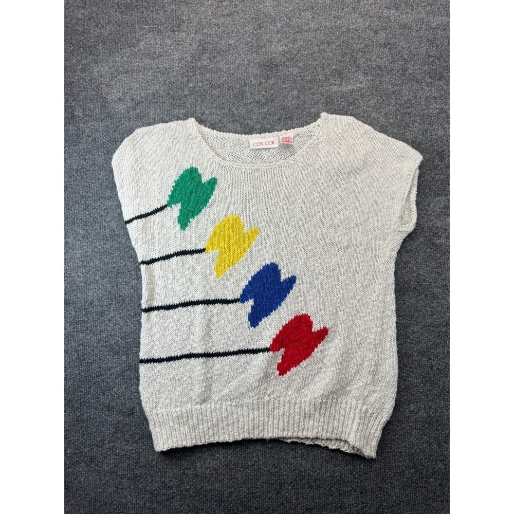 Vintage 80s Cos Cob Sweater Vest Womens M White Colorful Tulip Ramie Blend Knit